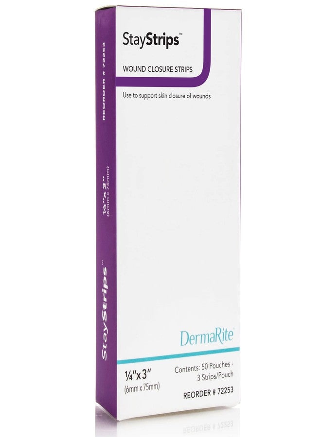 dermarite StayStrips Wound Closure Strips, 1/4” x 3”, Hypoallergenic Adhesive, Flexible, Moisture & Air Permeable, Helps Reduce Scar Formation, Primary and Secondary Closure, 50 Pouches / 3 Strips (150 Strips) - Image 1